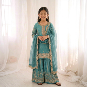 Ensemble Kurta Palazzo en soie brodée pour filles avec dupatta, tenue traditionnelle indienne pakistanaise pour mariage et fête - Product Image 1