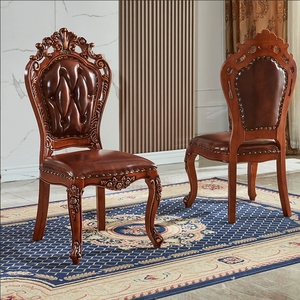 Silla <span class=keywords><strong>de</strong></span> Comedor <span class=keywords><strong>de</strong></span> Madera Maciza Tallada con Cuero - Juego <span class=keywords><strong>de</strong></span> Sillas con Reposabrazos Clásicas <span class=keywords><strong>de</strong></span> Lujo Europeo, Muebles <span class=keywords><strong>de</strong></span> Comedor para Uso Comercial - Product Image 1