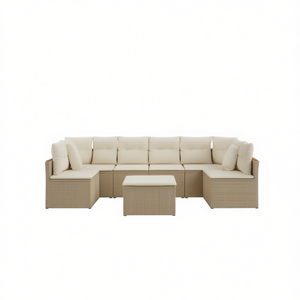 Conjunto de Sofá de Jardín de Ratán Beige con Cojines de Espuma de Alta Densidad, Muebles Impermeables de Estilo Contemporáneo para Exteriores - Product Image 1