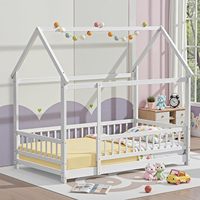 Lit de sol Montessori double, cadre de lit en bois avec lattes et barrière, lit cabane pour chambre de garçons et filles, blanc