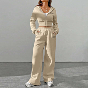 F240047 personnalisé 2025 vêtements femmes deux pièces sweat à capuche avec fermeture éclair pantalon évasé ensemble personnaliser survêtement avec logo femmes survêtement - Product Image 6