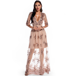 Spring and Autumn Sexy Deep V-Neck Half Sleeve Luxury Elegant Women Long <strong>Debut</strong> Gown Evening <strong>Dress</strong> - Product Image 2
