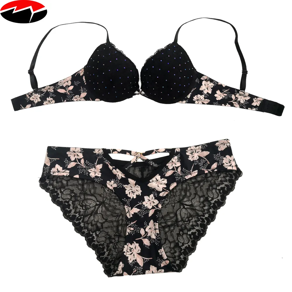 Nieuwe Ontwerp Vrouwen Hoge Kwaliteit Borduurwerk Bloem Print Onder Wired Push Up Plunge Beha En Bikini Set