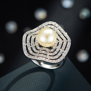 Geometric Pearl Zircon <b>Open</b> <b>Ring</b> Pave Setting Copper Plated Gold Index Finger Party Jewelry - Product Image 1