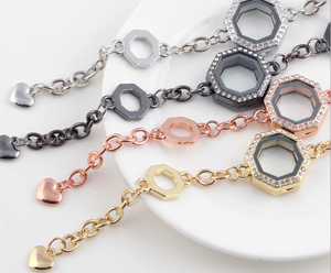 Geometric Octagon Diamond Inlaid Opening Photo Box Bracelets Floating Lockets Charms Bracelets Women Girls Jewelry