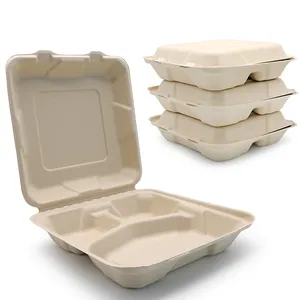 Custom Biodegradable 100% Compostable Sugarcane Bagasse Pulp Eco Friendly Clamshell Lunch Box Take Out Food Container Packaging