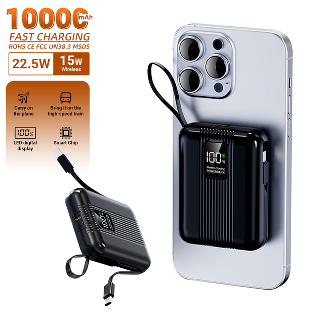 OEM Logo Portable Charger Magetic Wireless Power Bank With 2 Fast Charging Cables Pd 20W+Qc 22.5W Rohs Power Bank 10000Mah