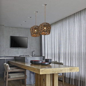 Abat-jour cylindrique en paille tressée fait main, jaune et noir, écologique, pour maison d'hôtes, hôtel, restaurant, décoration rétro - Product Image 2