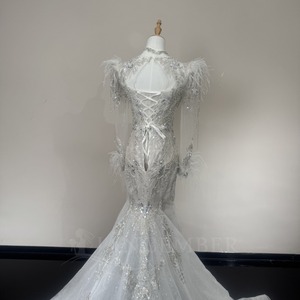 Wx449 Feather Mermaid <b>Wedding</b> Dress Deep V Neck Beaded Pearl Cuff Sheer Sleeve Sparkling Train Jancember - Product Image 5