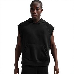 Sweat-shirt à capuche sans manches pour homme, noir uni, en polaire, coupe décontractée, avec poche, pour l'automne - Product Image 1