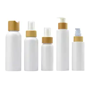 Cosmetische Verpakking Bamboe Lotion Pomp Spray Dispenser 50Ml 60Ml 100Ml 120Ml 250Ml 500Ml Witte Plastic Fles Met Bamboe Dop