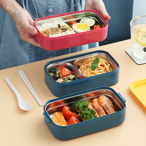 Contenedor de almacenamiento de alimentos de 2 compartimentos, caja Bento portátil de acero inoxidable, PP, fiambrera térmica aislada en capas para niños a prueba de fugas - Product Image 1