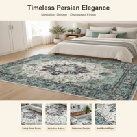 Grand tapis persan vieilli style médaillon, bleu sarcelle aqua, à poils ras et franges, pour salon