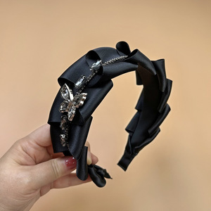 Serre-tête plissé en satin français avec strass pour femme, noir, élégant, accessoire de coiffure - Product Image 5