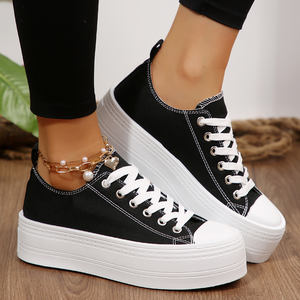 Sneakers Casual da Donna in Tela Nera per l'Autunno, Traspiranti con Plateau e Lacci, Comode - Product Image 4