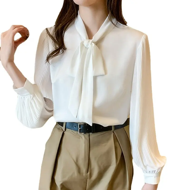 Tie Front OL Style Ladies White Tops Blouses Long Sleeve Office Shirt for Women