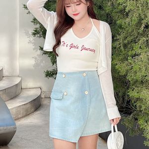 Jupe courte en jean taille haute asymétrique coupe trapèze couleur unie grande taille pour femme Runqi N7583 - Product Image 5