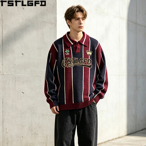 Pull Polo Rayé OEM/ODM Lourd Brodé Style Universitaire Vintage Tricoté Streetwear Vente en Gros - Product Image 1