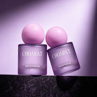 Nouvelle conception, flacon de parfum en verre de luxe personnalisé, rond, coloré, violet, 30 ml, 50 ml, 100 ml, avec vaporisateur à pompe