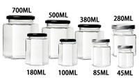 Grand stock de pots en verre hexagonaux de 100 ml, 150 ml, 380 ml pour miel, cornichons, confiture, soie de miel