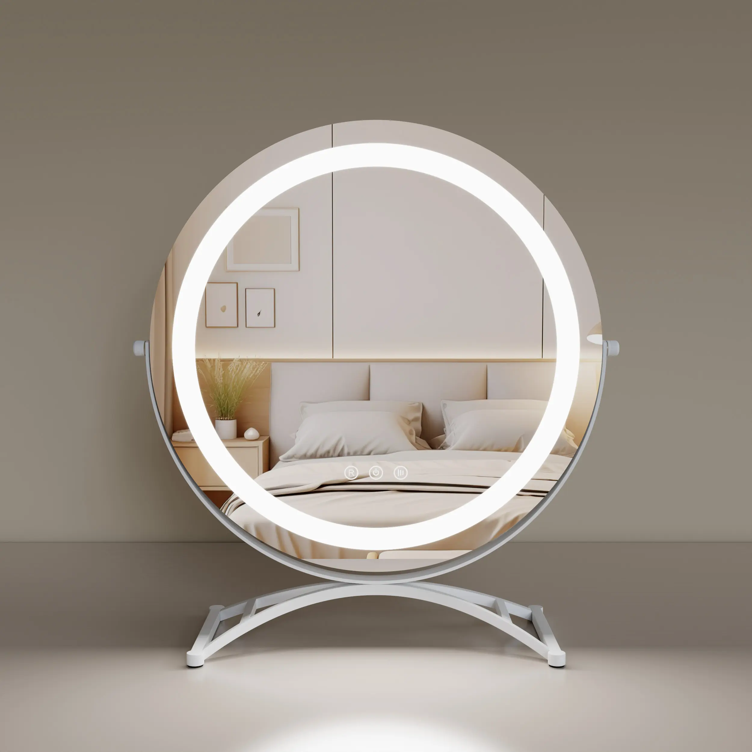 Moderne intelligente beleuchtung mit 3 beleuchtungsmodi runder kosmetik-tischspiegel mit rundem leuchtende led-waschtischspiegel