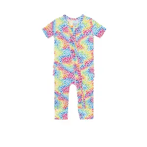 Çocuklar için ön sipariş sıcak satış butik Romper renkli noktalar baskılı pembe kısa kollu yürümeye başlayan fermuar pijama Pajamas uyuyanlar