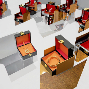 Boîte à bijoux élégante en bois avec serrure métallique, étui de rangement avec doublure rouge-orange pour collier en or, bracelet, bijoux, emballage cadeau - Product Image 3