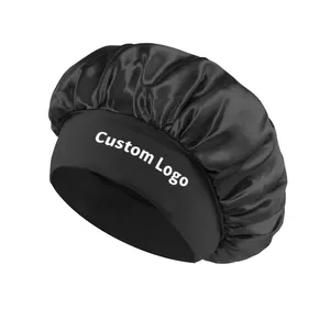 Topi tidur wanita, tudung Kepala tidur polos dengan Logo kustom lapisan tunggal elastis lebar pita rambut sutra Satin