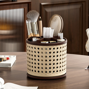 Vintage Style Rotary Makeup Organizer With Partitions Desktop Storage Cylinder Brown <b>Black</b> 4 In 1 - Product Image 3