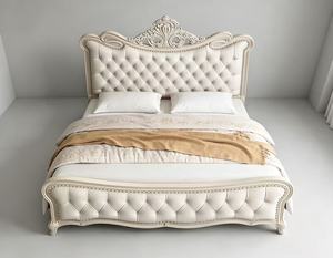 Premium Queen Size Cream Tufted <b>Bed</b> With Ornate Carved Floral Headboard & Nailhead Trim For Luxury Bedroom - Product Image 1