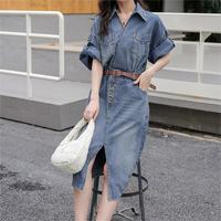 OEM Haute Qualité Dames Polyester Denim A-ligne Robes Midi Bouton D'été Col Tourné Demi Manches Courtes Respirant Personnalisé pour