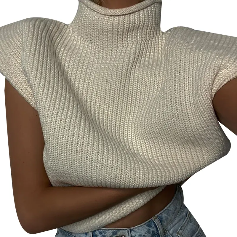 Suéter de lã sexy com design feminino, blusa de gola alta com manga curta