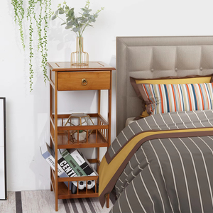 Modern 2-Tier <strong>Bamboo</strong> <strong>Bedside</strong> Sofa Coffee End <strong>Table</strong> with Drawer Plant Display Storage Shelf Unit Lacquer Finish Home Furniture - Product Image 4
