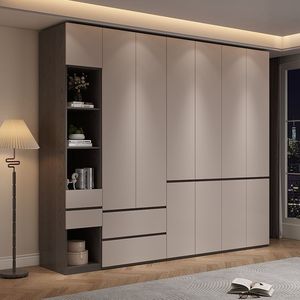 Armoire de chambre moderne beige avec tiroirs, étagères ouvertes, montage facile, taille personnalisable, <span class=keywords><strong>placard</strong></span> de rangement du sol au plafond - Product Image 1