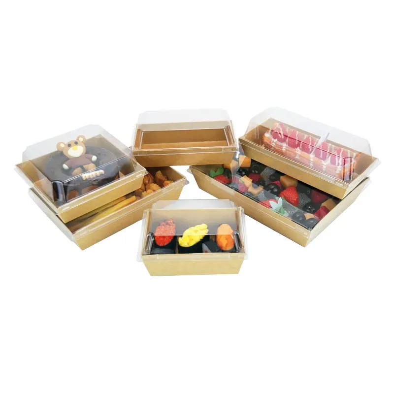 Questeco Boîte à gâteau au fromage en papier kraft à salade carrée brune 12x11x6.5cm Boîte à salade à emporter Petit déjeuner Sushi Plateau alimentaire avec couvercle en plastique