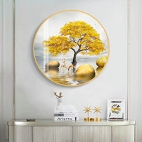 Décoration murale de restaurant haut de gamme, art mural moderne, plantes, animaux, cerf, feuille, peinture numérique en porcelaine de cristal ronde