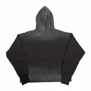 Personalizado 400 Gsm 100% algodón pesado Sudadera con capucha Vintage ácido lavado Spray teñido cosido <span class=keywords><strong>Eedge</strong></span> Raw Hem recortado Sudadera con capucha hombres - Product Image 2