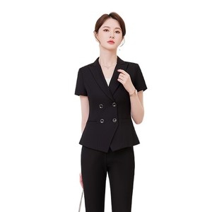 Women's Summer Short Sleeve Suit Set Midi Skirt Elegant Notched Collar Worsted Fabric Anti-Wrinkle Office Wear - Product Image 5