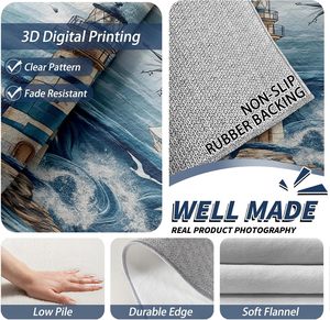Tapis lavable nautique avec motif boussole <span class=keywords><strong>maritime</strong></span>, vagues océaniques, phare et voilier, pour salon, chambre à coucher, décoration intérieure pour garçons - Product Image 3