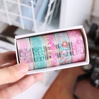Nouvelle Arrivée Ruban Adhésif Floral en PET, 5 Rouleaux/Boîte pour Emballage Cadeau & Journal Créatif, Ruban Décoratif Floral en PET pour Scrapbooking et Emballage Cadeau