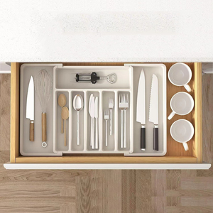 Scatola Portaoggetti Regolabile in PP per Stoviglie, Pratico Scaffale Retrattile in Plastica per Organizzazione Utensili Rettangolari - Product Image 1