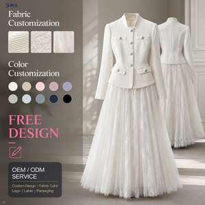 Abito Casual da Donna in Due Pezzi Personalizzato <span class=keywords><strong>con</strong></span> Giacca in Tweed Bianca a Collo Alto e Maniche Lunghe <span class=keywords><strong>con</strong></span> Bottoni e Gonna Lunga in <span class=keywords><strong>Tulle</strong></span> Plissettato - Product Image 1