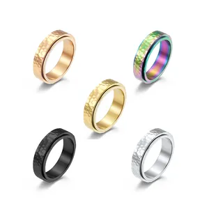 New Design Trendy Style Stainless Steel Irregular Steel Rotary Ring Hammered Spinner Ring