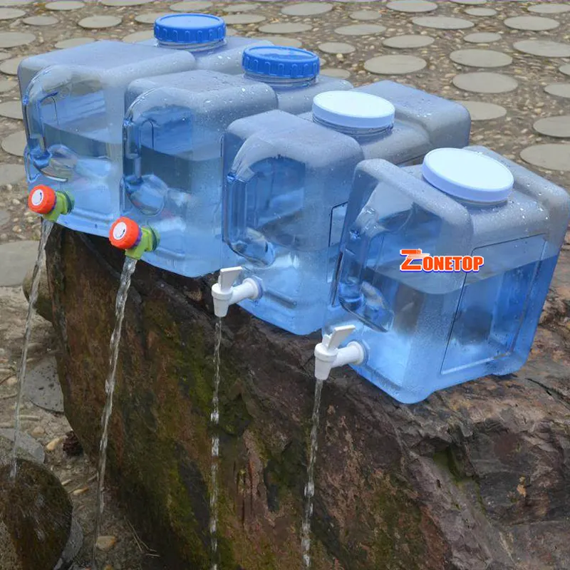 Botella de agua de almacenamiento cuadrada para exteriores, recipiente de plástico para agua Mineral potable con grifo, ecológico