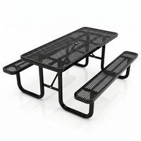 Table de pique-nique carrée en métal robuste de qualité commerciale pour l'extérieur, avec banc, mobilier de patio extérieur, table à manger avec trou pour parasol