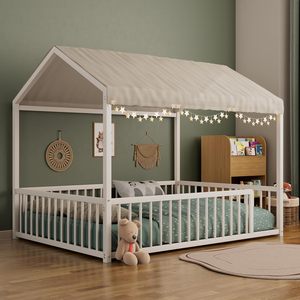 Corralito Moderno para Bebés de Tamaño Completo, Casa de Metal con Techo y <span class=keywords><strong>Valla</strong></span> Plegable, Color Natural, Uso Interior para Niños y Niñas - Product Image 1