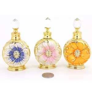 12毫升玫瑰图案风格玻璃喷雾香水瓶，镶嵌彩石，工厂制造阿拉伯香油瓶1买家