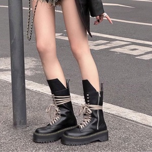 <span class=keywords><strong>Stivali</strong></span> da Donna in <span class=keywords><strong>Pelle</strong></span> Nera con Lacci, Taglia Grande, Piattaforma, per Moto e Outdoor - Product Image 1