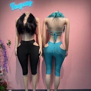 Setelan Kasual Wanita Musim Semi 2 Potong, Atasan Halter Tanpa Punggung Berbahan Bulu Imitasi Seksi + Celana Capri Berlubang, Gaya Coquette untuk Klub Malam - Product Image 2