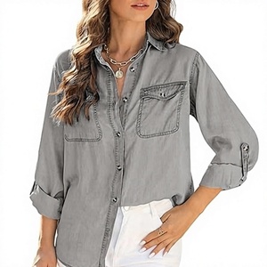 Women's Gray Cotton Button Up Shirt Three Quarter Sleeve Turn-<b>down</b> Collar Loose Fit Solid Color Breathable Shirts - Product Image 1